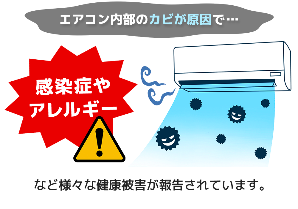 エアコン内部のカビが原因で、感染症やアレルギーなど様々な健康被害が報告されています。